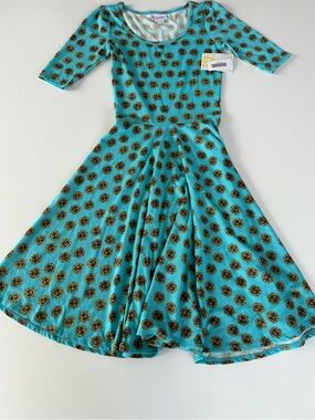 NWT Lularoe Sunflower Nicole Dress, Blue 3/4 Sleeve, Size XXS Color Blue & Yello